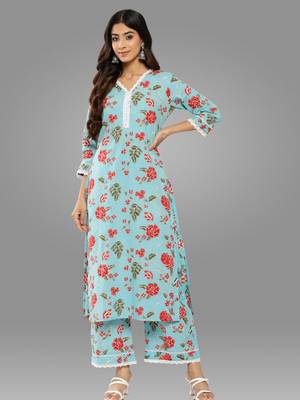 Janasya women's sky blue cotton floral printed kurta with palazzo 1