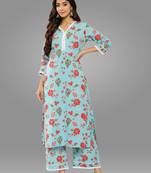 Janasya women's sky blue cotton floral printed kurta with palazzo