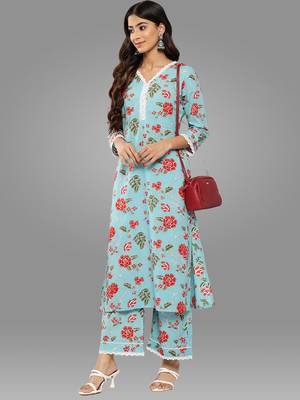 Janasya women's sky blue cotton floral printed kurta with palazzo 2