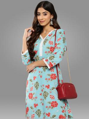 Janasya women's sky blue cotton floral printed kurta with palazzo 3