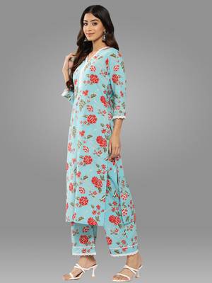 Janasya women's sky blue cotton floral printed kurta with palazzo 4