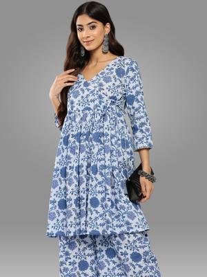 Janasya women's light blue cotton botanical printed tunic with palazzo 4