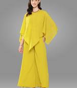 Janasya women's yellow crepe solid top with palazzo and cape