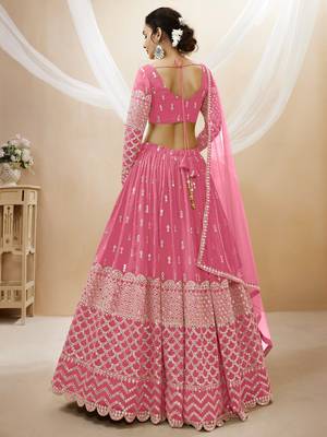 PINK SEQUINCE & ZARI EMBROIDERED GEORGETTE FESTIVE BRIDAL WEDDING & PARTY WEAR SEMI STITCHED LEHENGA 2