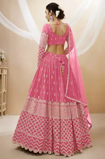 PINK SEQUINCE & ZARI EMBROIDERED GEORGETTE FESTIVE BRIDAL WEDDING & PARTY WEAR SEMI STITCHED LEHENGA