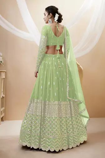 PISTA SEQUINCE & ZARI EMBROIDERED GEORGETTE FESTIVE BRIDAL WEDDING & PARTY WEAR SEMI STITCHED LEHENGA