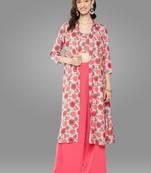 Janasya women's multicolor moss digital floral printed crop top with palazzo and jacket