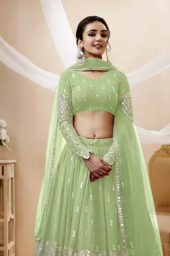 PISTA SEQUINCE & ZARI EMBROIDERED GEORGETTE FESTIVE BRIDAL WEDDING & PARTY WEAR SEMI STITCHED LEHENGA