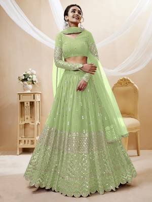PISTA SEQUINCE & ZARI EMBROIDERED GEORGETTE FESTIVE BRIDAL WEDDING & PARTY WEAR SEMI STITCHED LEHENGA 4