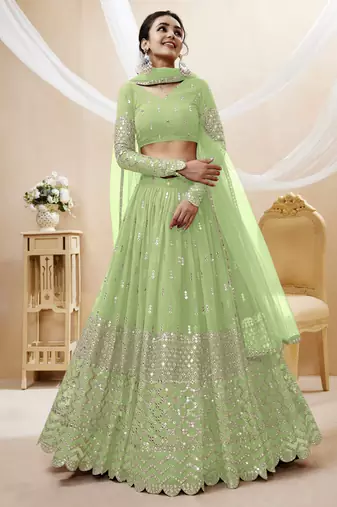PISTA SEQUINCE & ZARI EMBROIDERED GEORGETTE FESTIVE BRIDAL WEDDING & PARTY WEAR SEMI STITCHED LEHENGA
