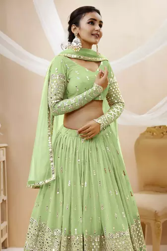 PISTA SEQUINCE & ZARI EMBROIDERED GEORGETTE FESTIVE BRIDAL WEDDING & PARTY WEAR SEMI STITCHED LEHENGA