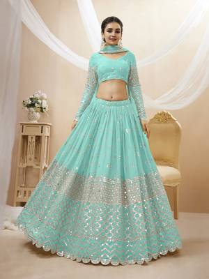 SKY BLUE SEQUINCE & ZARI EMBROIDERED GEORGETTE FESTIVE BRIDAL WEDDING & PARTY WEAR SEMI STITCHED LEHENGA 1