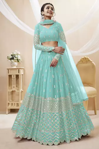 SKY BLUE SEQUINCE & ZARI EMBROIDERED GEORGETTE FESTIVE BRIDAL WEDDING & PARTY WEAR SEMI STITCHED LEHENGA
