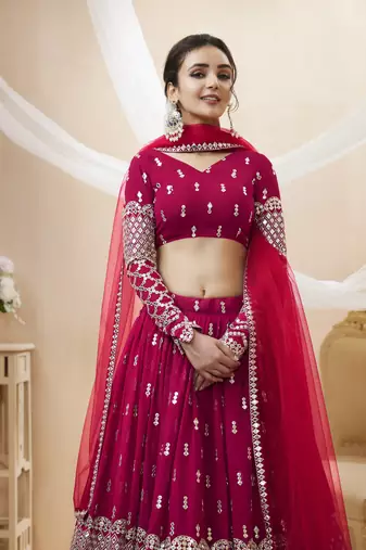 HOT PINK SEQUINCE & ZARI EMBROIDERED GEORGETTE FESTIVE BRIDAL WEDDING & PARTY WEAR SEMI STITCHED LEHENGA