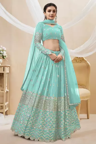 SKY BLUE SEQUINCE & ZARI EMBROIDERED GEORGETTE FESTIVE BRIDAL WEDDING & PARTY WEAR SEMI STITCHED LEHENGA