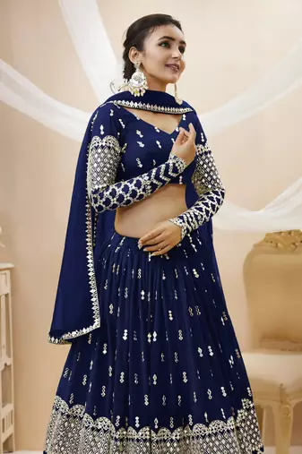 NAVY BLUE SEQUINCE & ZARI EMBROIDERED GEORGETTE FESTIVE BRIDAL WEDDING & PARTY WEAR SEMI STITCHED LEHENGA