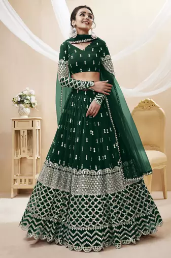 GREEN SEQUINCE & ZARI EMBROIDERED GEORGETTE FESTIVE BRIDAL WEDDING & PARTY WEAR SEMI STITCHED LEHENGA