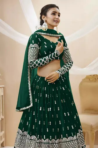 GREEN SEQUINCE & ZARI EMBROIDERED GEORGETTE FESTIVE BRIDAL WEDDING & PARTY WEAR SEMI STITCHED LEHENGA