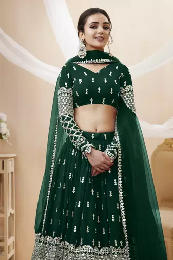 GREEN SEQUINCE & ZARI EMBROIDERED GEORGETTE FESTIVE BRIDAL WEDDING & PARTY WEAR SEMI STITCHED LEHENGA