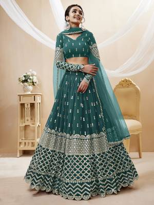 TURQUOISE SEQUINCE & ZARI EMBROIDERED GEORGETTE FESTIVE BRIDAL WEDDING & PARTY WEAR SEMI STITCHED LEHENGA 1
