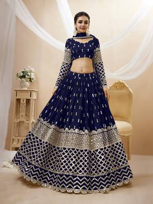 NAVY BLUE SEQUINCE & ZARI EMBROIDERED GEORGETTE FESTIVE BRIDAL WEDDING & PARTY WEAR SEMI STITCHED LEHENGA 3