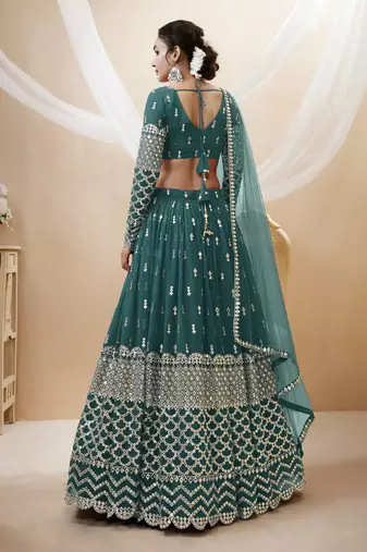 TURQUOISE SEQUINCE & ZARI EMBROIDERED GEORGETTE FESTIVE BRIDAL WEDDING & PARTY WEAR SEMI STITCHED LEHENGA