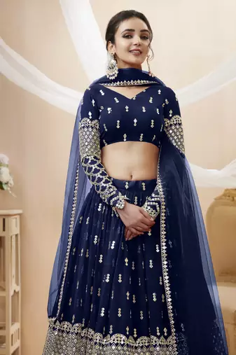 NAVY BLUE SEQUINCE & ZARI EMBROIDERED GEORGETTE FESTIVE BRIDAL WEDDING & PARTY WEAR SEMI STITCHED LEHENGA