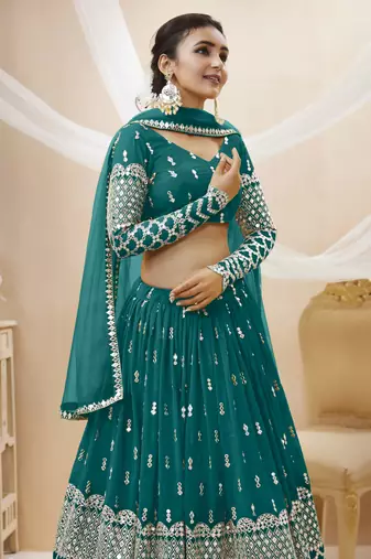 TURQUOISE SEQUINCE & ZARI EMBROIDERED GEORGETTE FESTIVE BRIDAL WEDDING & PARTY WEAR SEMI STITCHED LEHENGA