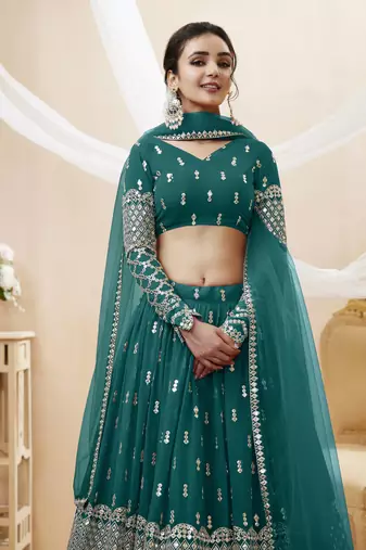 TURQUOISE SEQUINCE & ZARI EMBROIDERED GEORGETTE FESTIVE BRIDAL WEDDING & PARTY WEAR SEMI STITCHED LEHENGA