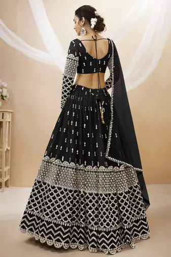 BLACK SEQUINCE & ZARI EMBROIDERED GEORGETTE FESTIVE BRIDAL WEDDING & PARTY WEAR SEMI STITCHED LEHENGA