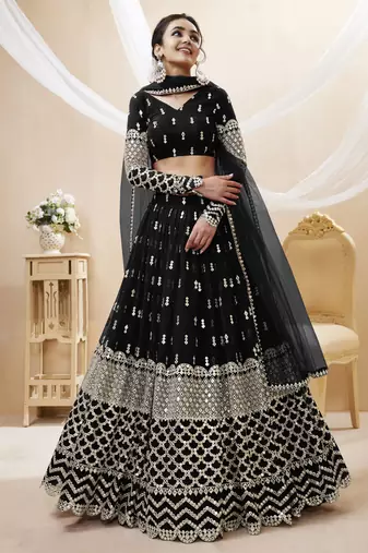 BLACK SEQUINCE & ZARI EMBROIDERED GEORGETTE FESTIVE BRIDAL WEDDING & PARTY WEAR SEMI STITCHED LEHENGA