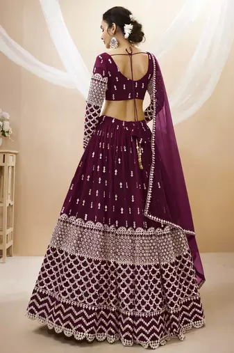 WINE SEQUINCE & ZARI EMBROIDERED GEORGETTE FESTIVE BRIDAL WEDDING & PARTY WEAR SEMI STITCHED LEHENGA