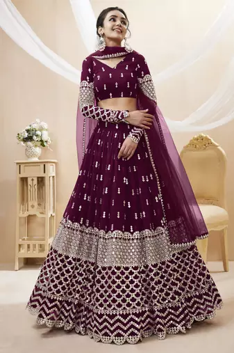 WINE SEQUINCE & ZARI EMBROIDERED GEORGETTE FESTIVE BRIDAL WEDDING & PARTY WEAR SEMI STITCHED LEHENGA