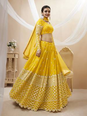 YELLOW SEQUINCE & ZARI EMBROIDERED GEORGETTE FESTIVE BRIDAL WEDDING & PARTY WEAR SEMI STITCHED LEHENGA 2