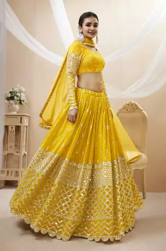 YELLOW SEQUINCE & ZARI EMBROIDERED GEORGETTE FESTIVE BRIDAL WEDDING & PARTY WEAR SEMI STITCHED LEHENGA