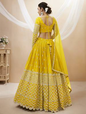 YELLOW SEQUINCE & ZARI EMBROIDERED GEORGETTE FESTIVE BRIDAL WEDDING & PARTY WEAR SEMI STITCHED LEHENGA 3