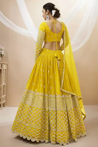 YELLOW SEQUINCE & ZARI EMBROIDERED GEORGETTE FESTIVE BRIDAL WEDDING & PARTY WEAR SEMI STITCHED LEHENGA