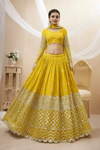 YELLOW SEQUINCE & ZARI EMBROIDERED GEORGETTE FESTIVE BRIDAL WEDDING & PARTY WEAR SEMI STITCHED LEHENGA