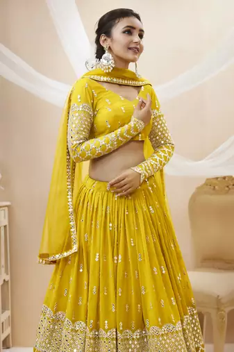 YELLOW SEQUINCE & ZARI EMBROIDERED GEORGETTE FESTIVE BRIDAL WEDDING & PARTY WEAR SEMI STITCHED LEHENGA