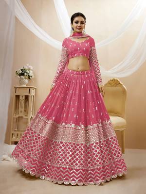 PINK SEQUINCE & ZARI EMBROIDERED GEORGETTE FESTIVE BRIDAL WEDDING & PARTY WEAR SEMI STITCHED LEHENGA 1