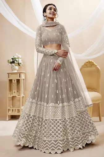 GREY SEQUINCE & ZARI EMBROIDERED GEORGETTE FESTIVE BRIDAL WEDDING & PARTY WEAR SEMI STITCHED LEHENGA