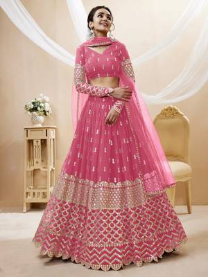PINK SEQUINCE & ZARI EMBROIDERED GEORGETTE FESTIVE BRIDAL WEDDING & PARTY WEAR SEMI STITCHED LEHENGA 4