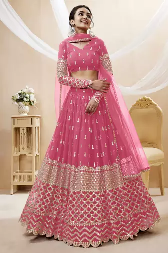 PINK SEQUINCE & ZARI EMBROIDERED GEORGETTE FESTIVE BRIDAL WEDDING & PARTY WEAR SEMI STITCHED LEHENGA