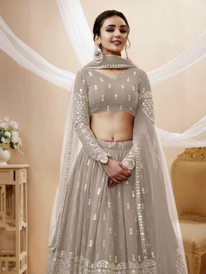 GREY SEQUINCE & ZARI EMBROIDERED GEORGETTE FESTIVE BRIDAL WEDDING & PARTY WEAR SEMI STITCHED LEHENGA 4