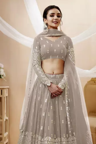 GREY SEQUINCE & ZARI EMBROIDERED GEORGETTE FESTIVE BRIDAL WEDDING & PARTY WEAR SEMI STITCHED LEHENGA