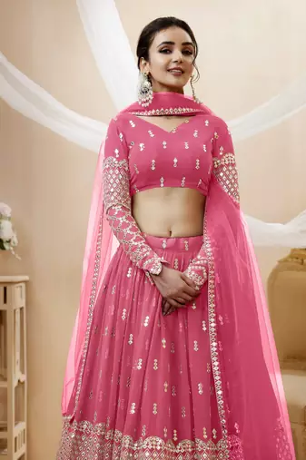 PINK SEQUINCE & ZARI EMBROIDERED GEORGETTE FESTIVE BRIDAL WEDDING & PARTY WEAR SEMI STITCHED LEHENGA