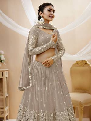 GREY SEQUINCE & ZARI EMBROIDERED GEORGETTE FESTIVE BRIDAL WEDDING & PARTY WEAR SEMI STITCHED LEHENGA 5