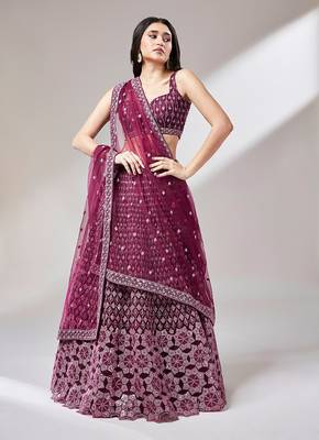 Burgundy Net heavy Sequinse embroidery Semi-Stitched Lehenga choli & Dupatta 1