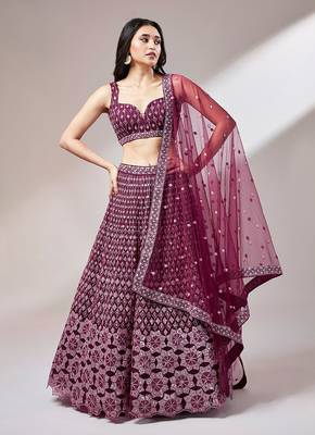 Burgundy Net heavy Sequinse embroidery Semi-Stitched Lehenga choli & Dupatta 2