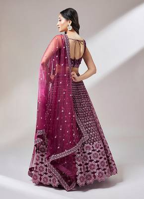 Burgundy Net heavy Sequinse embroidery Semi-Stitched Lehenga choli & Dupatta 3